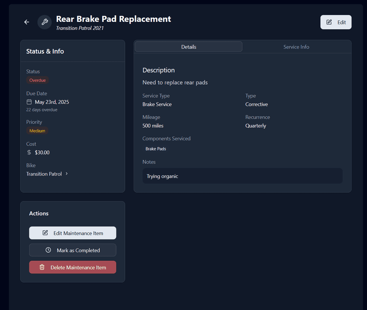 Maintenance Log Screenshot